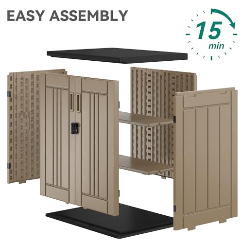 YITAHOME Outdoor Storage Cabinet with 2 Shelves, Waterproof Resin Horizontal Tool Shed, Lockable 15 cu. ft. Storage Shed for Patio, Garden, Yard, Dark Gray