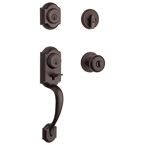Kwikset Montara Front Door Lock Handle and Deadbolt Set, Entry Handleset Exterior with Interior Door Knob, Polished Brass, Pick Resistant SmartKey Rekey Deadbolt Security
