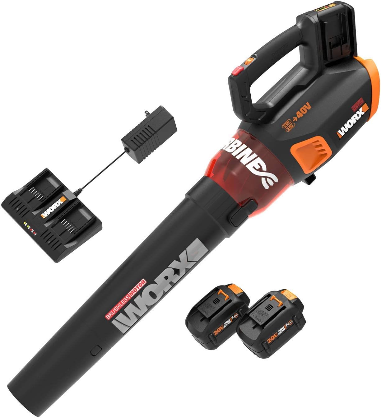 WORX 20V Cordless Leaf Blower Turbine 2 Variable Speed Control, 4.0 Ah Battery and Charger Included,for Lawn Care Yard Work WG547.2