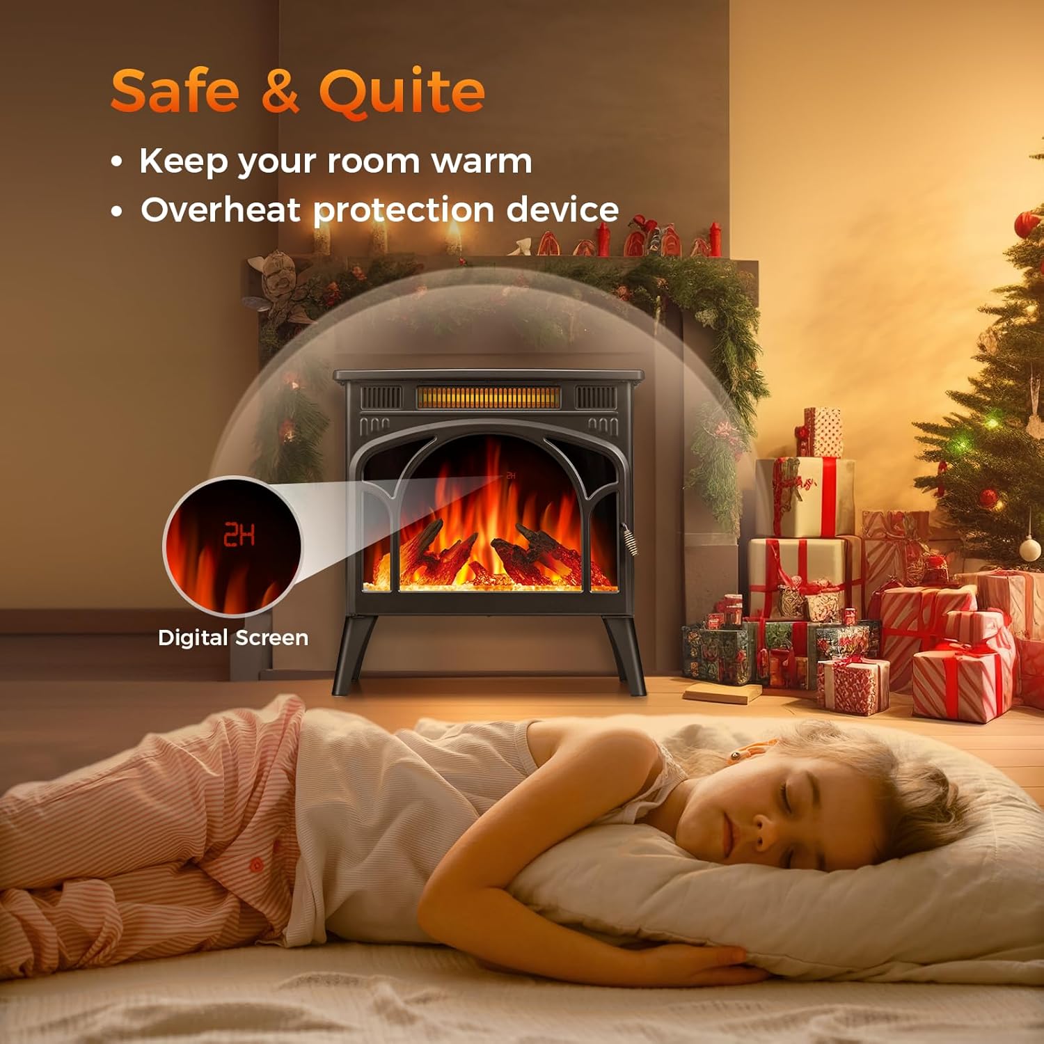 COWSAR Realistic Flame Electric Fireplace Stove, 500/1500W Freestanding Fireplace Heater with Remote Control and Timer, Adjustable Fireplace Stove Flame Color and Speed, Log Set & Crystal Options