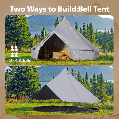 Cotton Canvas Bell Tent, Waterproof Large Tents with Sturdy Center & Door Pole and Space for 4/6/8 Person All 4 Season Camping Yurt Tent