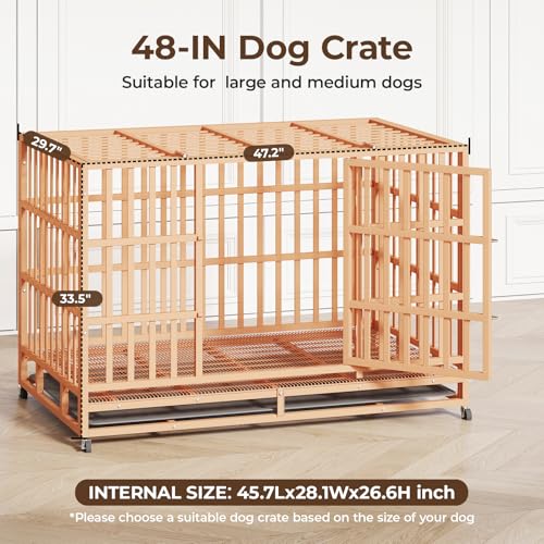 48 Inch Heavy Duty Indestructible Dog Crate Steel Escape Proof, Indoor Double Door High Anxiety Cage, Kennel with Wheels, Removable Tray, Extra Large XL XXL