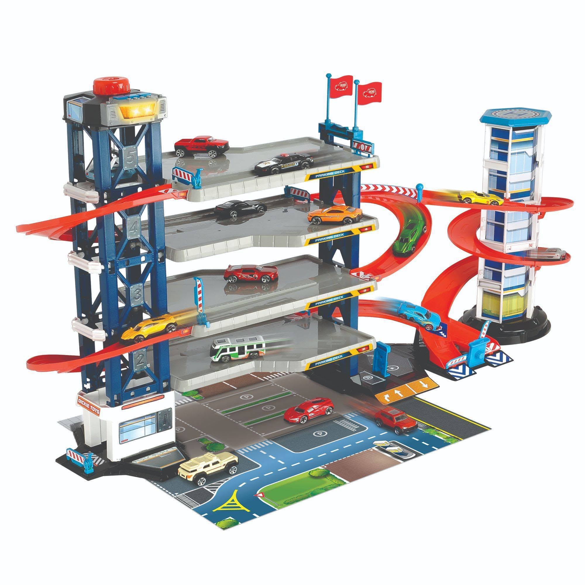 Dickie Toys Parking Garage Playset with 4 Die-Cast Cars and Helicopter