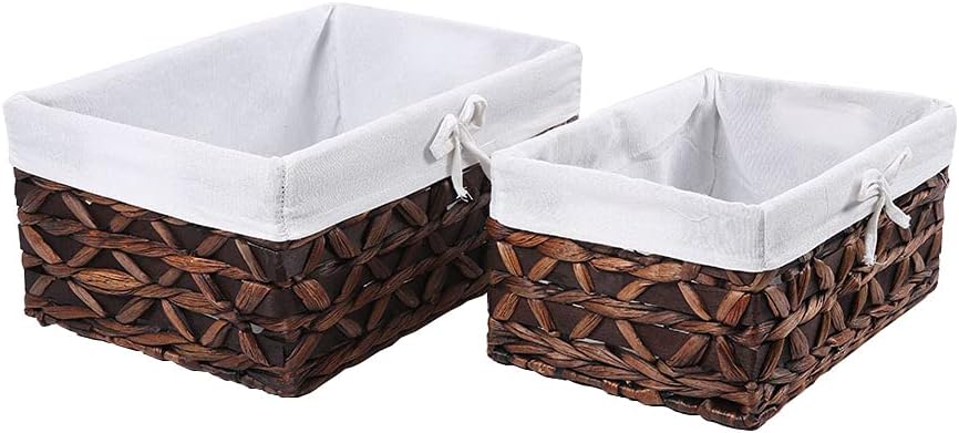 HDKJ Woven Storage Baskets with Liner, Water Hyacinth Rectangular Decorative Bins for Parlor Bedroom Bathroom Laundryroom Shelves Organizing. (QZXW-Set of 2) Pack of 2