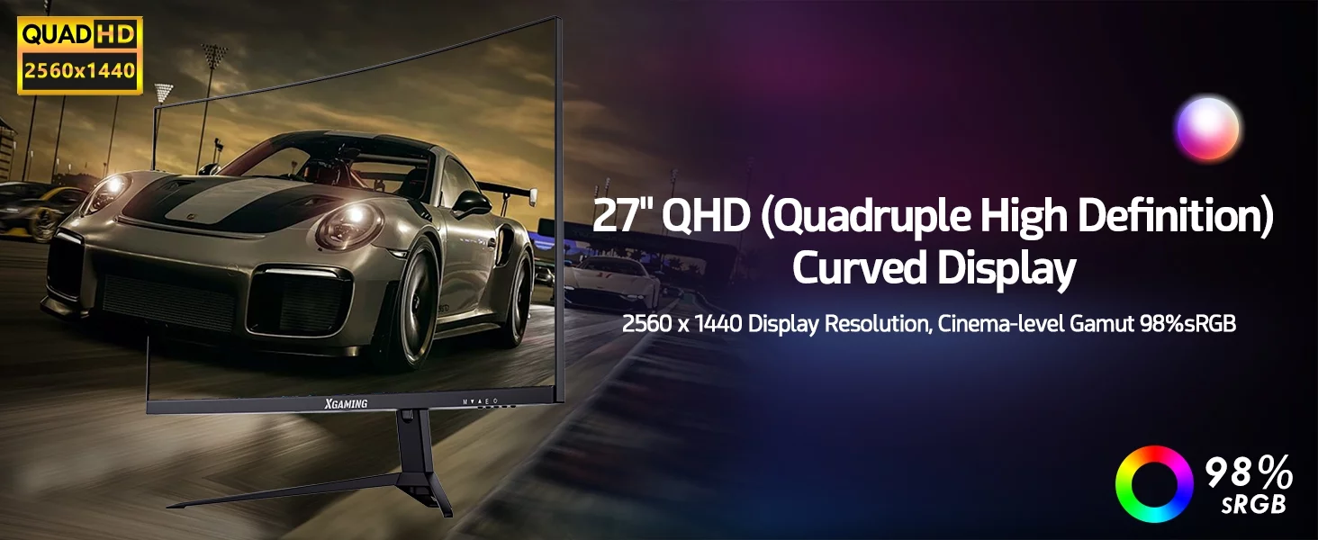 Xgaming 27-inch 165Hz/144Hz Curved Gaming Monitor, Ultra Wide 16:9 1440p PC Monitor for Laptop with 2*Speakers, 1ms AMD, QHD2K(2560 x 1440p) HDR Computer Monitor Support VESA, HDMI&DP, Metal Black