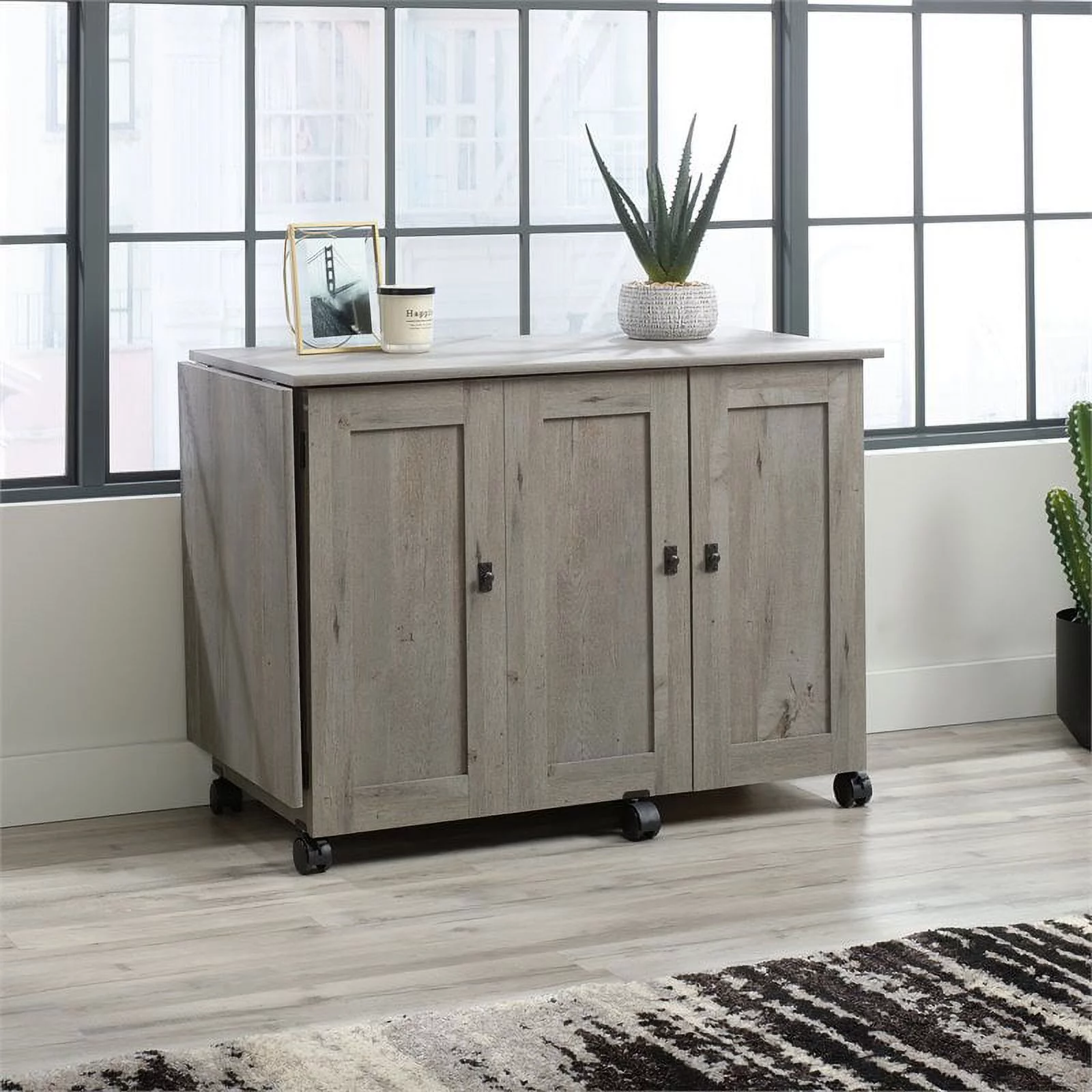 Pemberly Row Contemporary Engineered Wood Sewing Craft Table in Oak