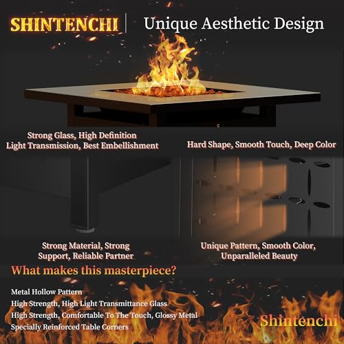 Shintenchi Propane Fire Pits 28 Inch Outdoor Gas Fire Pit, 50,000 BTU Steel Fire Table with Lid and Lava Rock, CSA-Certified Propane Fire Pit Outdoor/Patio with Rattan Pattern Steel Base/Lid, Black