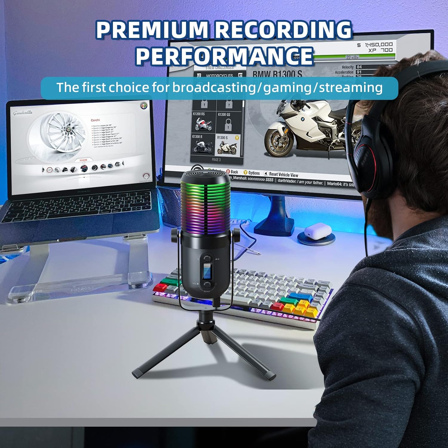 USB Microphone for PC, RGB Gaming Desktop Microphone Condenser Mic with Tripod Stand for Streaming, Studio Recording, Podcast, Computer Cardioid Condenser mic Compatible with Flexible Boom Arm Stand… Pack of 2