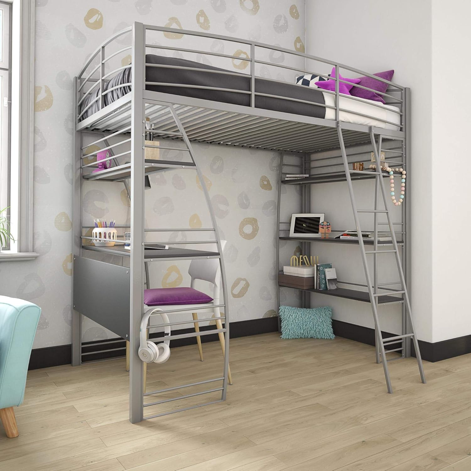 DHP Studio Loft Bunk Bed Over Desk and Bookcase with Metal Frame, Black, Twin Pack of 2