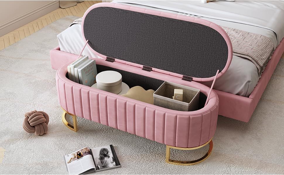 GERRIT Oval Storage Ottoman Bench with Button-Tufted, Velvet Upholstered Storage Bench with Metal Legs, End of Bed Ottoman Bench for Bedroom,Living Room,Fully Assembled Except Legs (Beige)
