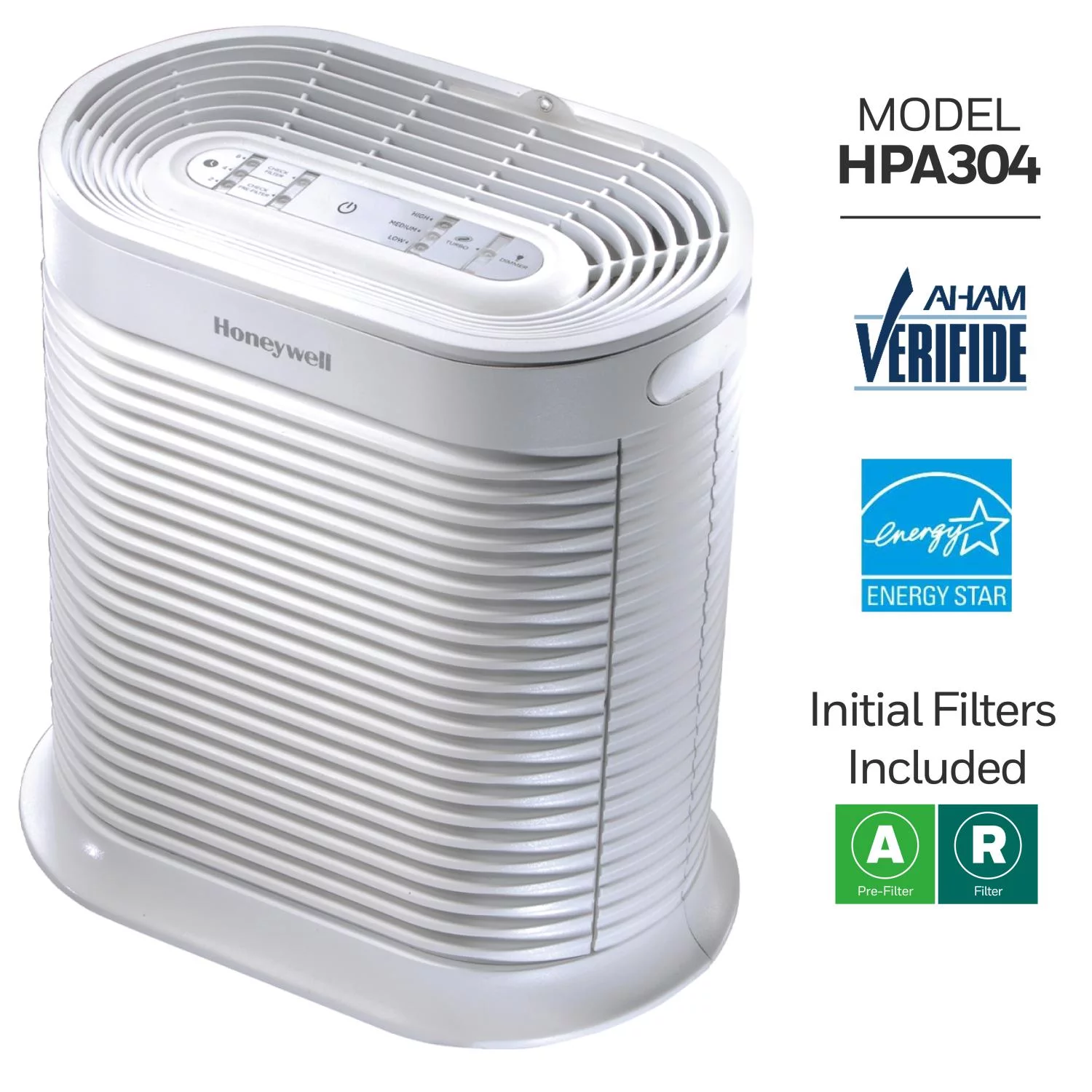 Honeywell Air Purifier, HPA304, 465 sq ft, HEPA Filter, Allergen, Smoke, Pollen, Dust Reducer