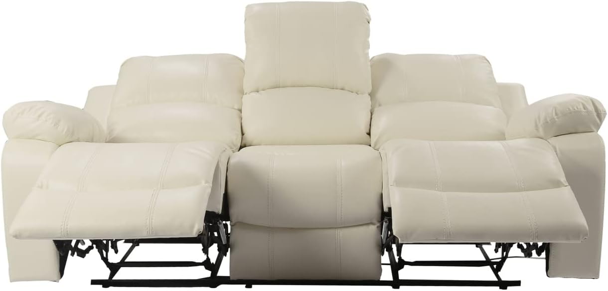 Pannow Double Recliner Loveseat with Console Slate, Double Reclining Sofa with Cup Holder, 3-Seater with Flipped Middle BACKREST Beige Air Leather, Theater Seating Furniture Sofa Bed
