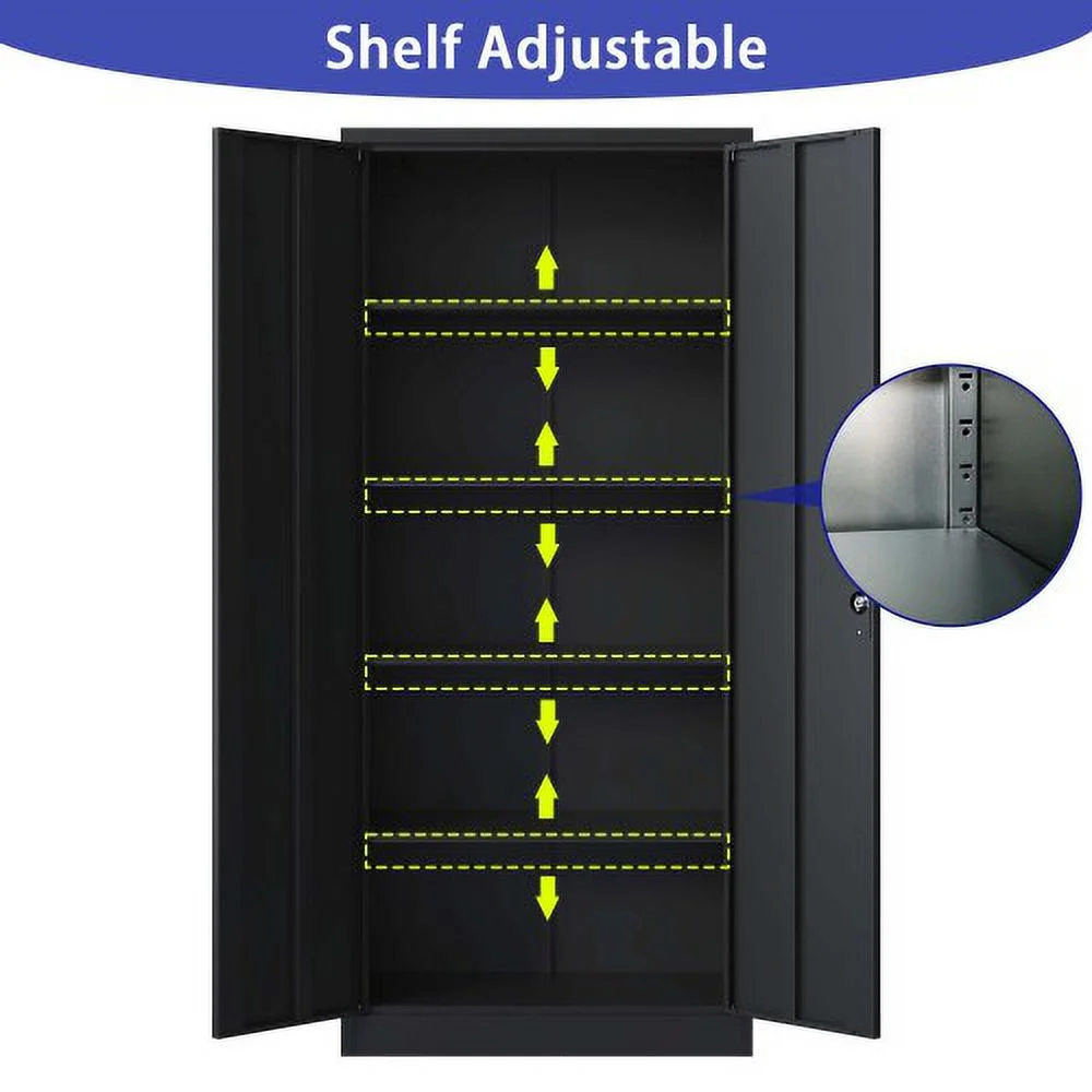 72"H Metal Garage Storage Cabinet, Black Tool Steel Locking Cabinet with Doors and 4 Shelves