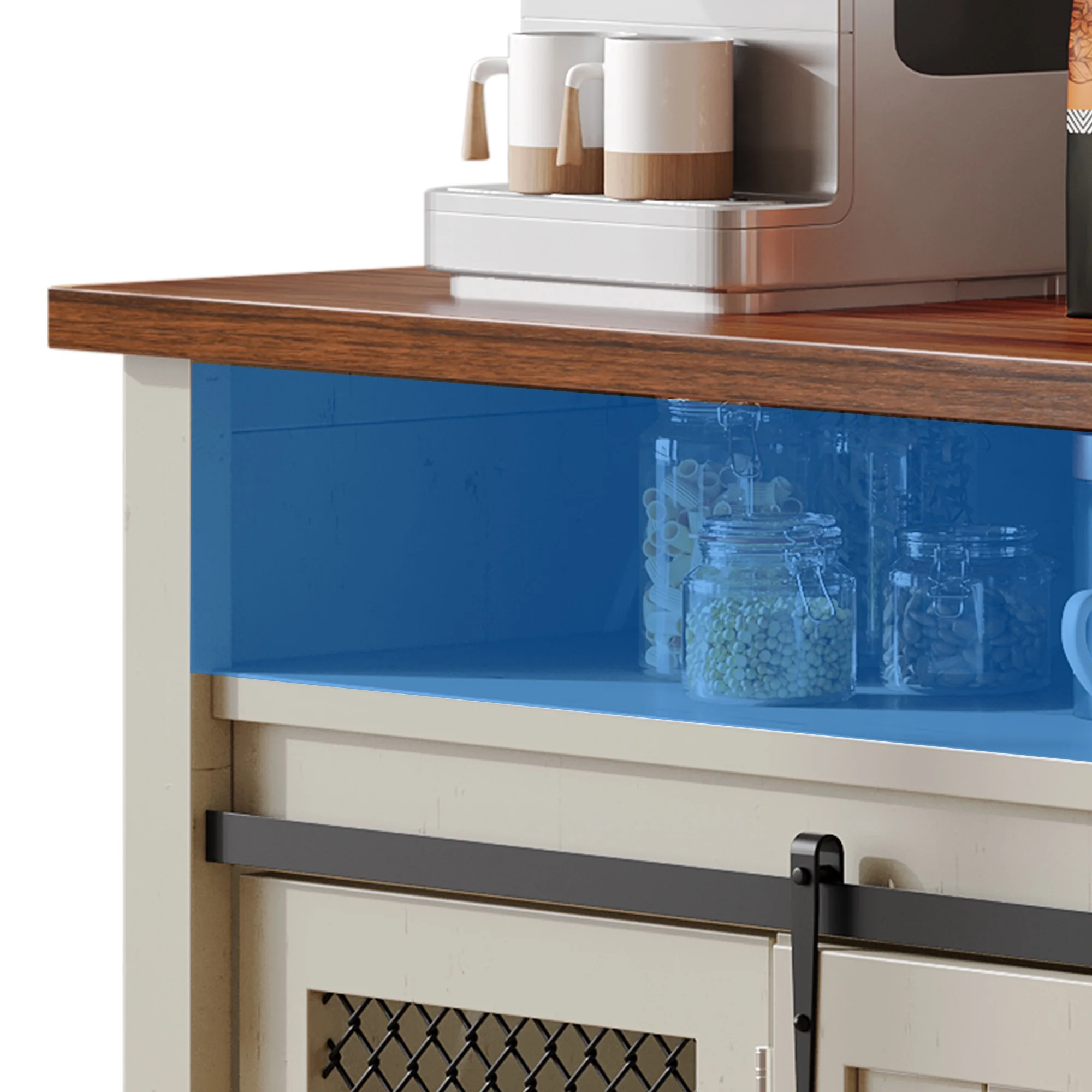 Dextrus Farmhouse Coffee Bar Cabinet, 63" Sideboard Buffet Cabinet with 2 Sliding Barn Door & 2 Visual Grid Doors, Buffet Storage Cabinet, Antique White