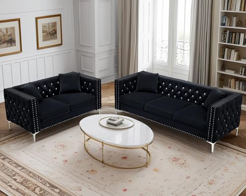 Antetek Velvet Sofa Set for Living Room, Modern Upholstered Loveseat and 3 Seater Cloud Sofa Couches w/Crystal Buttons/Pillows for Living Room, Apartment, Office, Furniture Sets, Blue(2 Pieces)