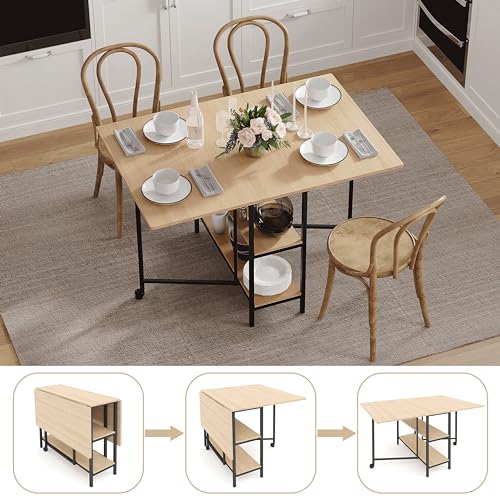 Multifunction Table Drop Leaf Dining Table - 47" Solid Wooden Foldable Kitchen Table