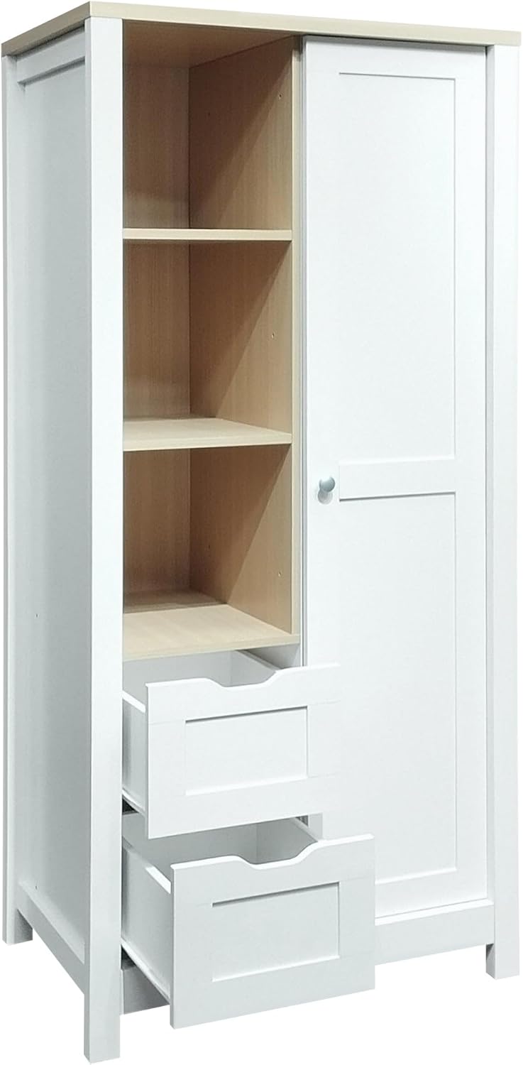 Armoire Wardrobe 1 Sliding Door and 2 Drawers, Clothes Cabinet with Hanging Rod, Freestanding Wooden Closets Organization for Bedroom, 31.4″x20.6″x68.3″, White