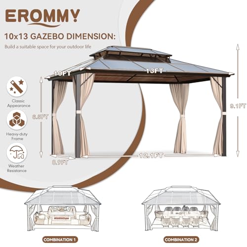 EROMMY 10' x 12' Hardtop Gazebo, Aluminum Frame Gazebos with Galvanized Steel Double Roof, Permanent Outdoor Metal Pavilion with Curtain and Netting for Patio, Lawn, Deck
