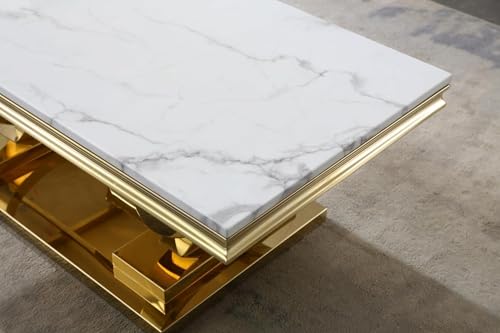 4 Piece Living Room Table Set, Faux Marble Coffee Table, Gold Console Table and 2 Gold End Tables, Rectangular Luxury Gold Coffee Table Set of 4 with Stainless Steel Diamond-Shaped Base