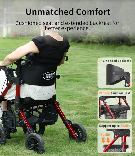Walkers for Seniors, Rollator Walker with Seat, Transport Wheelchair Lightweight Foldable, Adult Rolling Walker, Rollator Transport Chair with Brakes, 2 in 1 Walker Wheelchair Combo Z51-2024 New