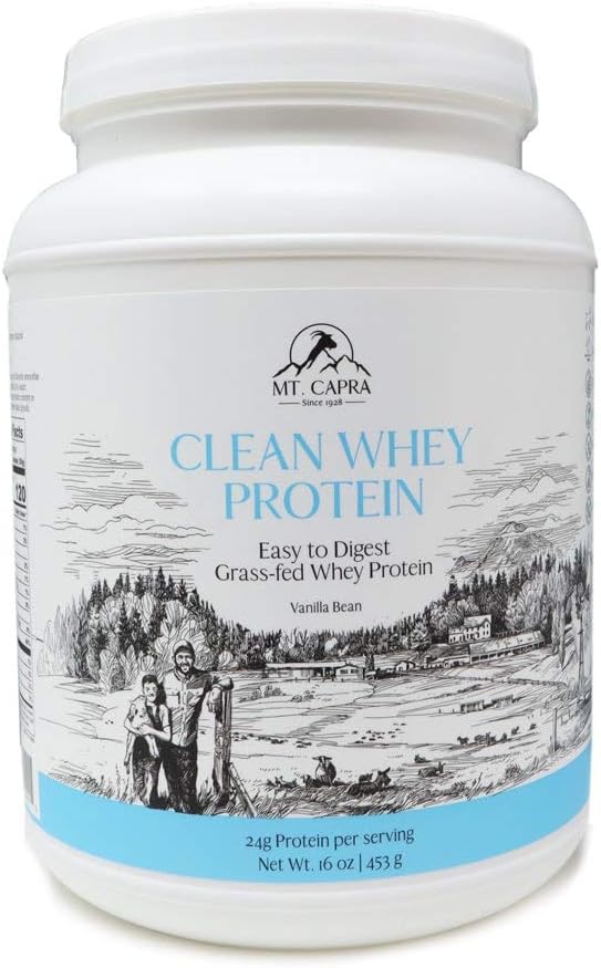 MT. CAPRA Since 1928 Clean Whey Protein | Grass-Fed Undenatured Goat Whey Protein Powder, 24 g Protein Per Serving, All Natural, NonGMO, High in Branch Chain Amino Acids , Unsweetened - 16 Ounce Pack of 2