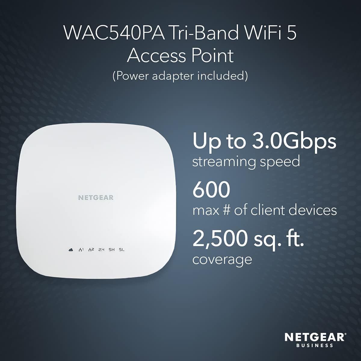 NETGEAR Wireless Access Point (WAC540PA) - Tri-Band AC3000 WiFi 5 Speed | Up to 600 Client Devices | 1 x 1G Ethernet LAN Port | MU-MIMO | Insight Remote Management | PoE+ or Included Power Adapter