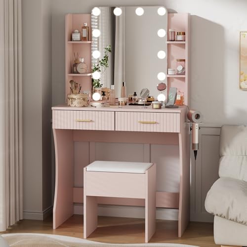 Vanity Desk with LED Lighted Mirror, Makeup Vanity with 3 Adjustable Lights, 2 Large Drawers and 4 Open Shelves, White Vanity with Storage Stool for Bedroom