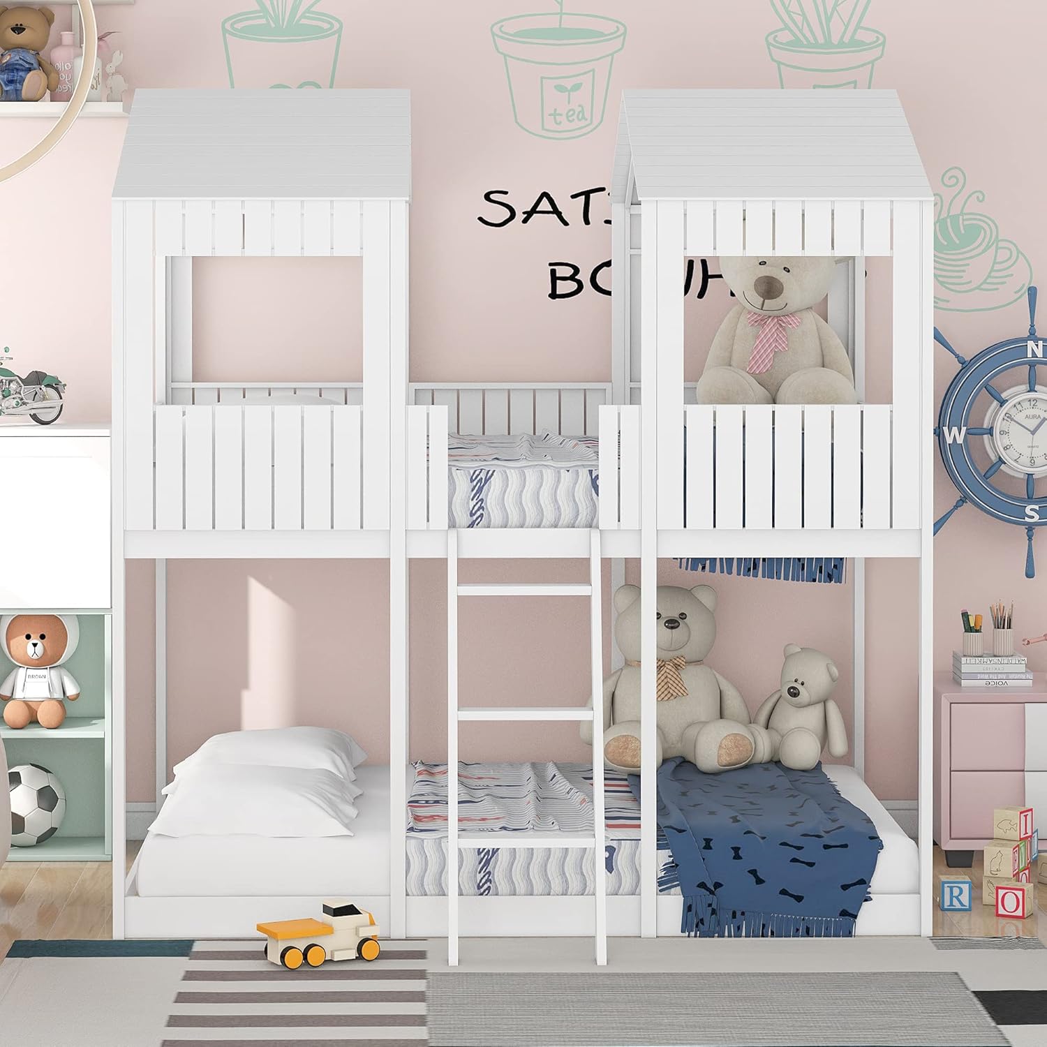 Solid Wood Full Over Full House Bunk Bed with Roof and Ladder, Kids Low Bunkbeds Playhouse with Window & Guard Rail, for Boys Girls Bedroom, White