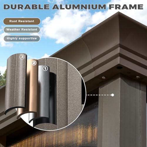 EROMMY 12' x 15' Sunroom, Solarium Gazebo with Aluminum Frame and Polycarbonate Roof, Outdoor Permanent Sun Room with Moveable PVC Screen and Sliding Door for Garden, Patio, Deck, Lawns