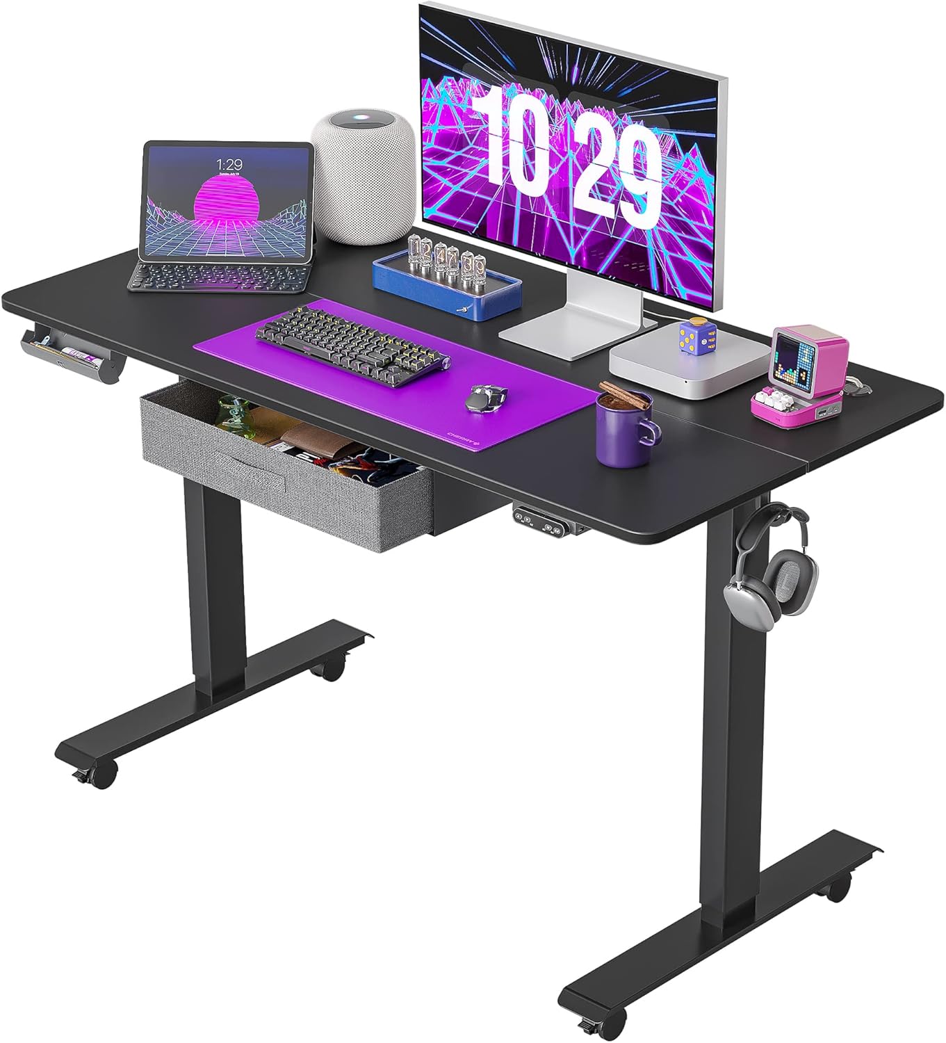 FEZIBO Standing Desk with Drawer, Adjustable Height Electric Stand up Desk, 55 x 24 Inches Sit Stand Home Office Desk, Ergonomic Workstation Black Steel Frame/Rustic Brown Tabletop