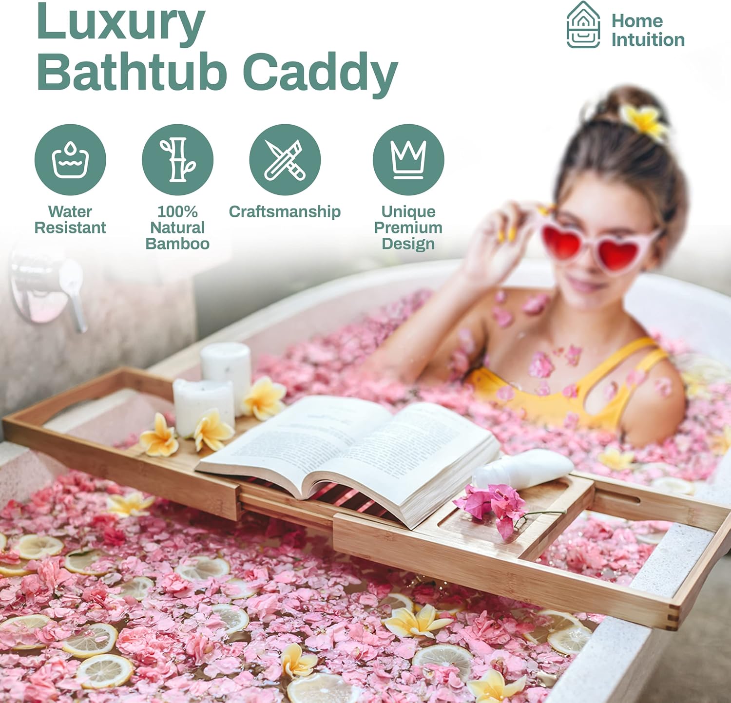 Home Intuition Expandable Bamboo Bath-Tub Table Tray Caddy 27.75 - 41.5 Inches