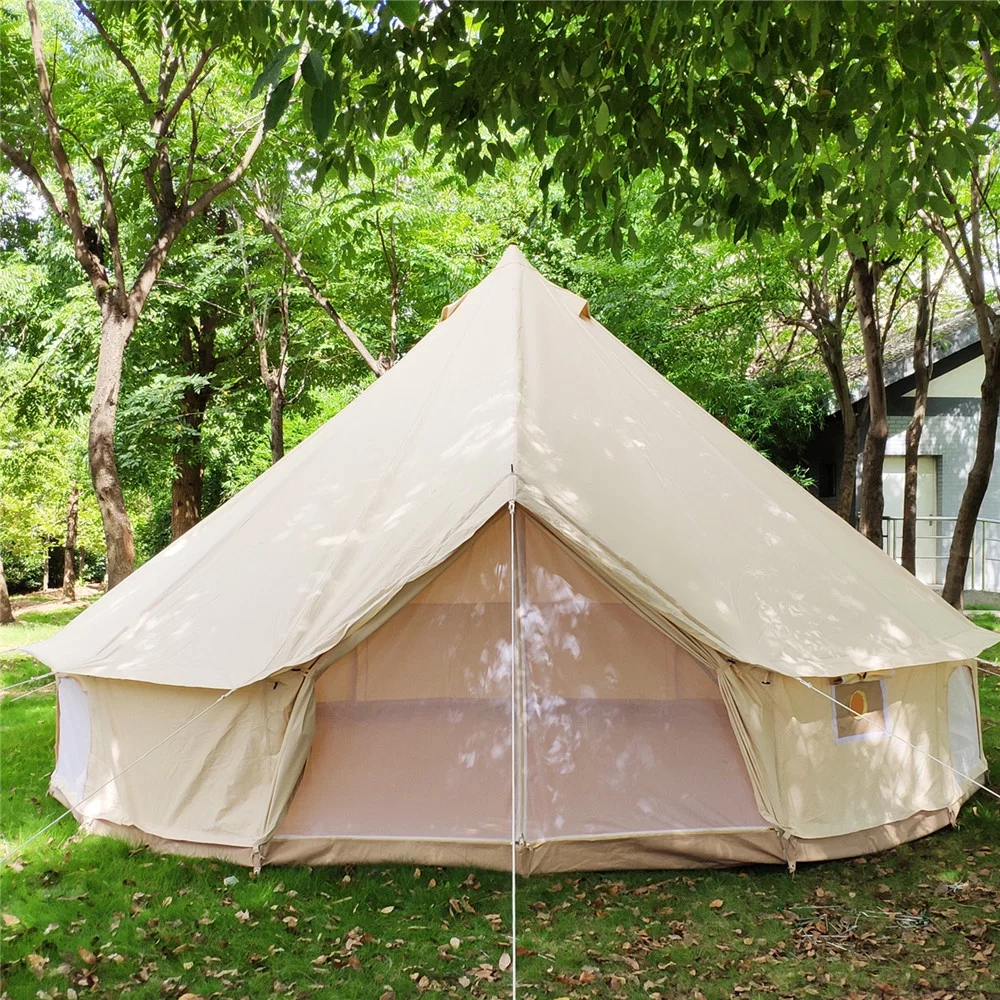 Latourreg Outdoor Glamping Waterproof Cotton Canvas 19.7ft(6M) Bell Tent with Side-Wall Stove Jack Glamping Yurt Tent with Mesh Screen Door and Windows