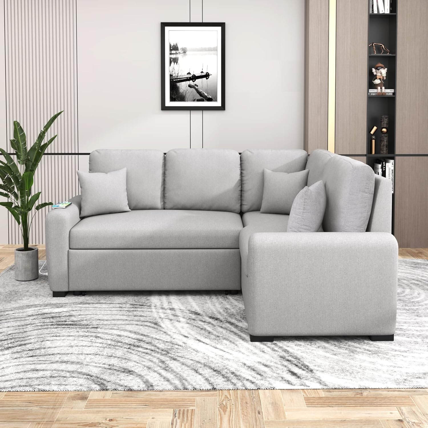 LUMISOL 87.4" L-Shape Sectional Sofa with USB Charging Port and Plug Outlet, Pull-Out Sofa Bed with 3 Pillows for Living Room Small Apartment, Grey