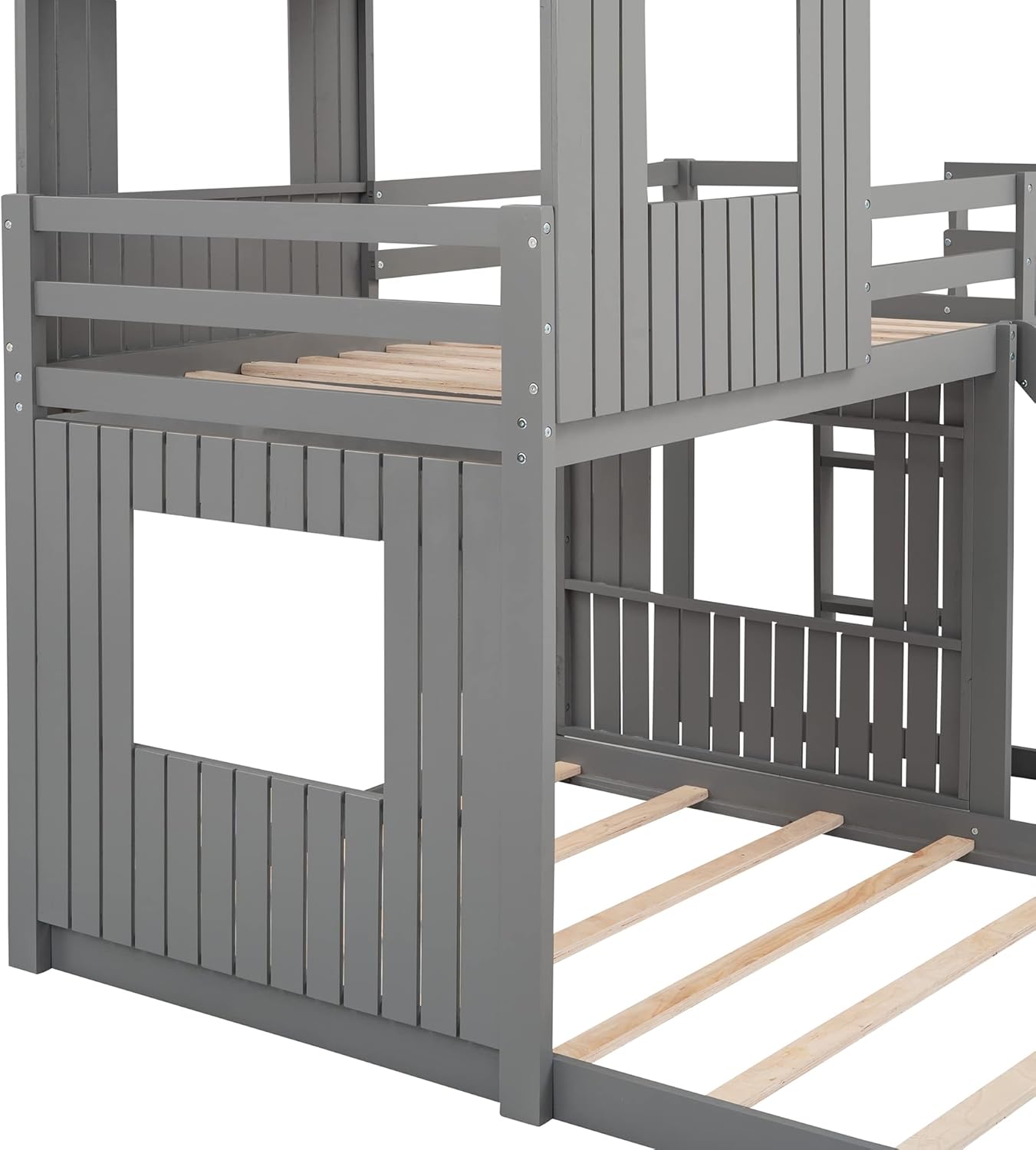 Twin Over Full Bunk Bed, Wood House BunkBed Frame with Ladder, Slide and Guardrails for Kids Teens, No Box Spring Needed, Space-Saving Design, Gray