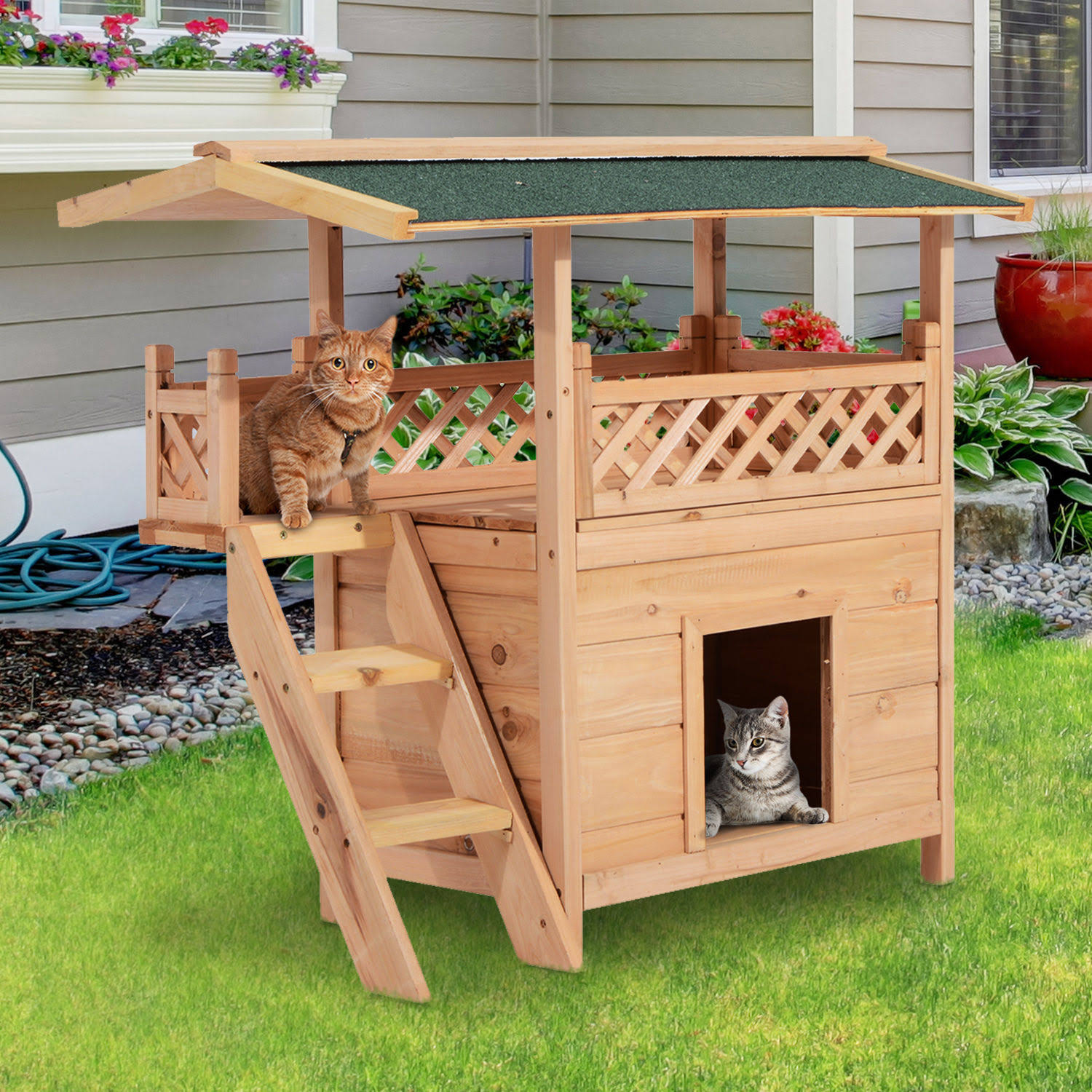 Pawhut Wooden Pet House Cat Room Dog Puppy Large Kennel Indoor Outdoor Shelter w/ Roof - Wood