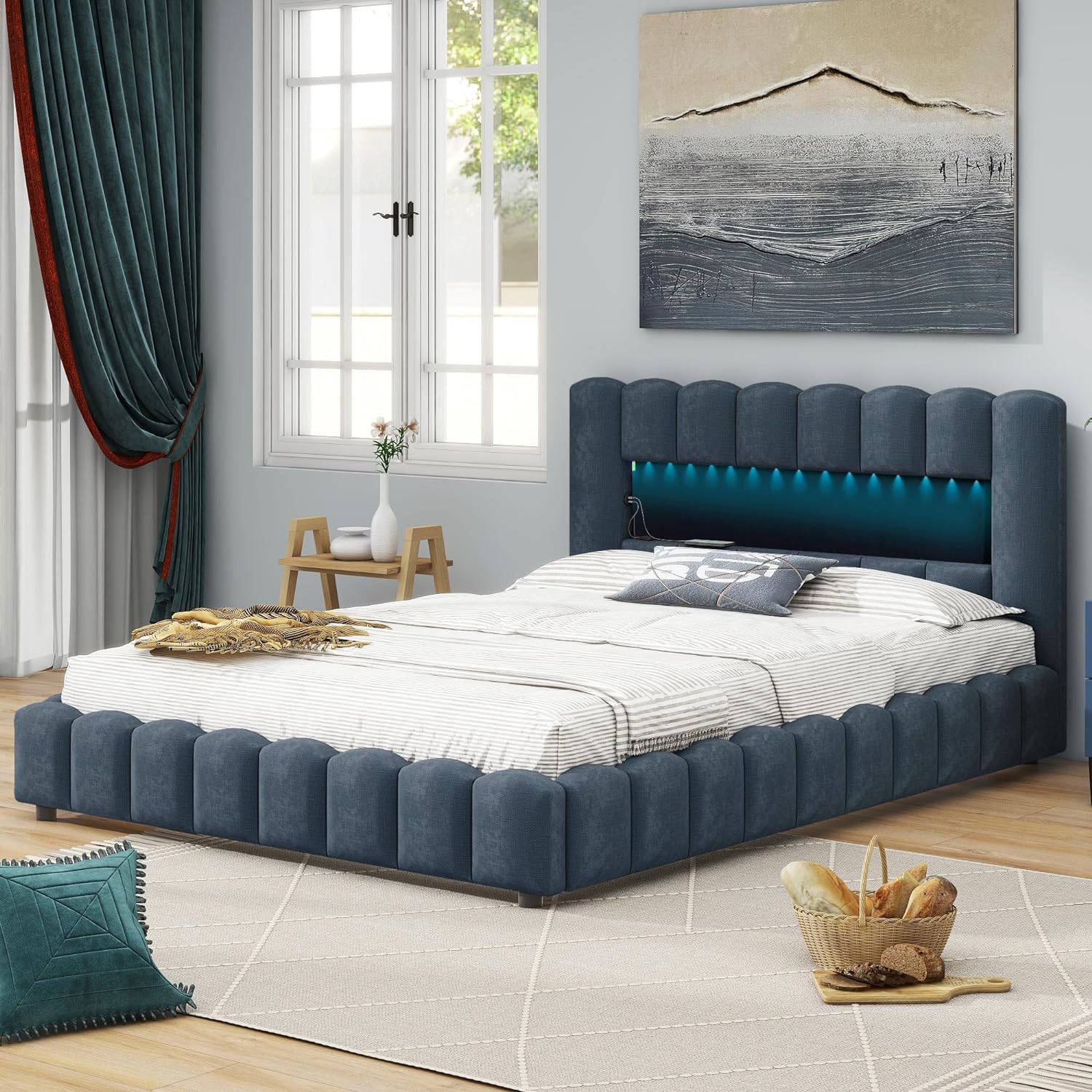 Upholstered Queen Size Bed With Lift Up Storage, USB Ports And LED Headboard, Linen Queen Platform Bed With Slats Support, No Box Spring Needed, Easy Assembly, Deep Blue