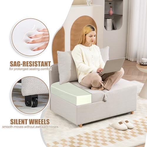 3-in-1 Sleeper Sofa Chair Bed,3-Seat Linen Fabric Loveseat Sofa,Convertible Sofa Bed with 2 Throw Pillows for Living Room,Apartment Small Space (Beige)