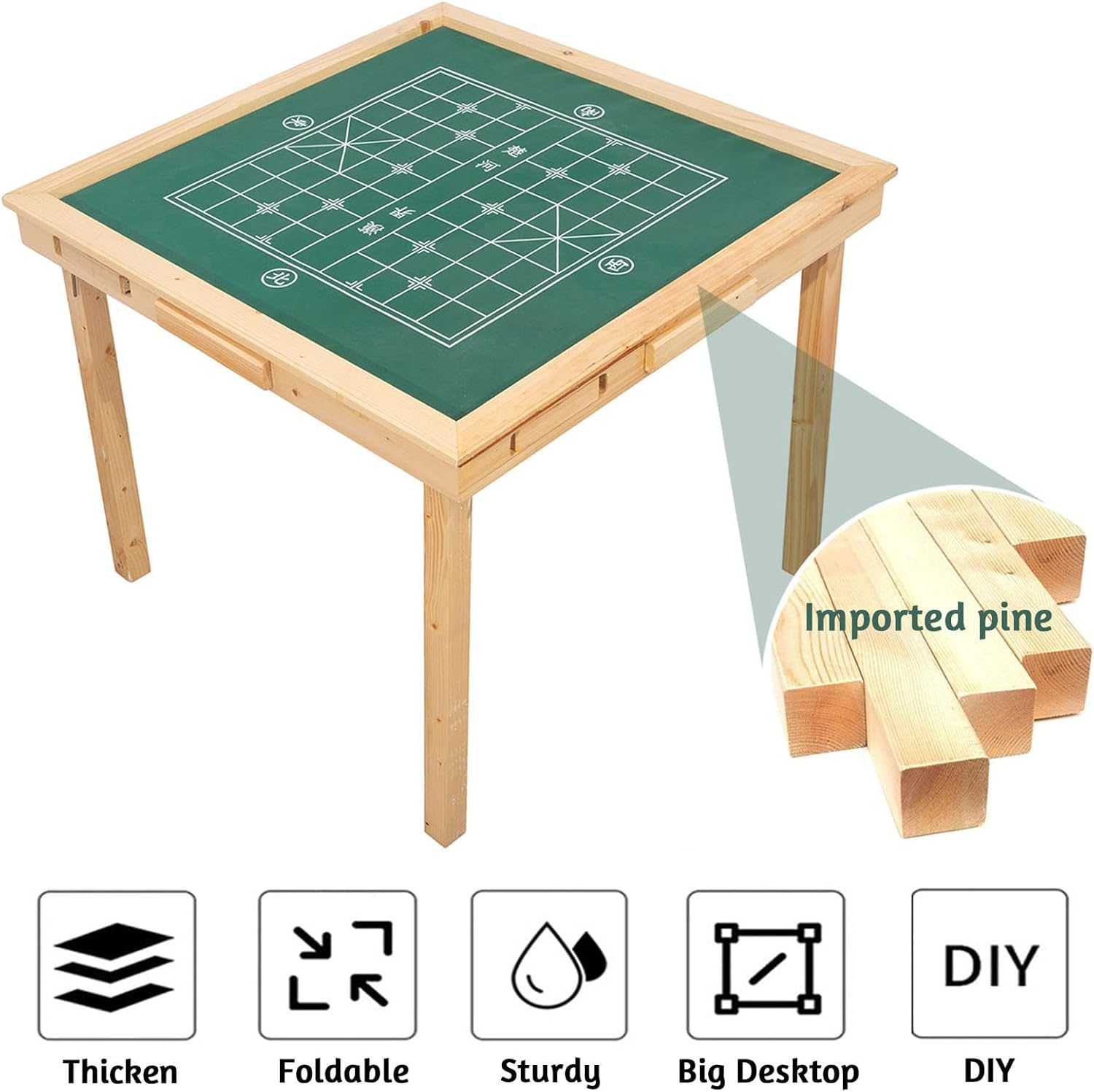 Multifunction Mahjong Table, Folding Card Table with Plush Top, Party Gathering Game Table with 4 Cup Holders & 4 Drawer, 35" Wood