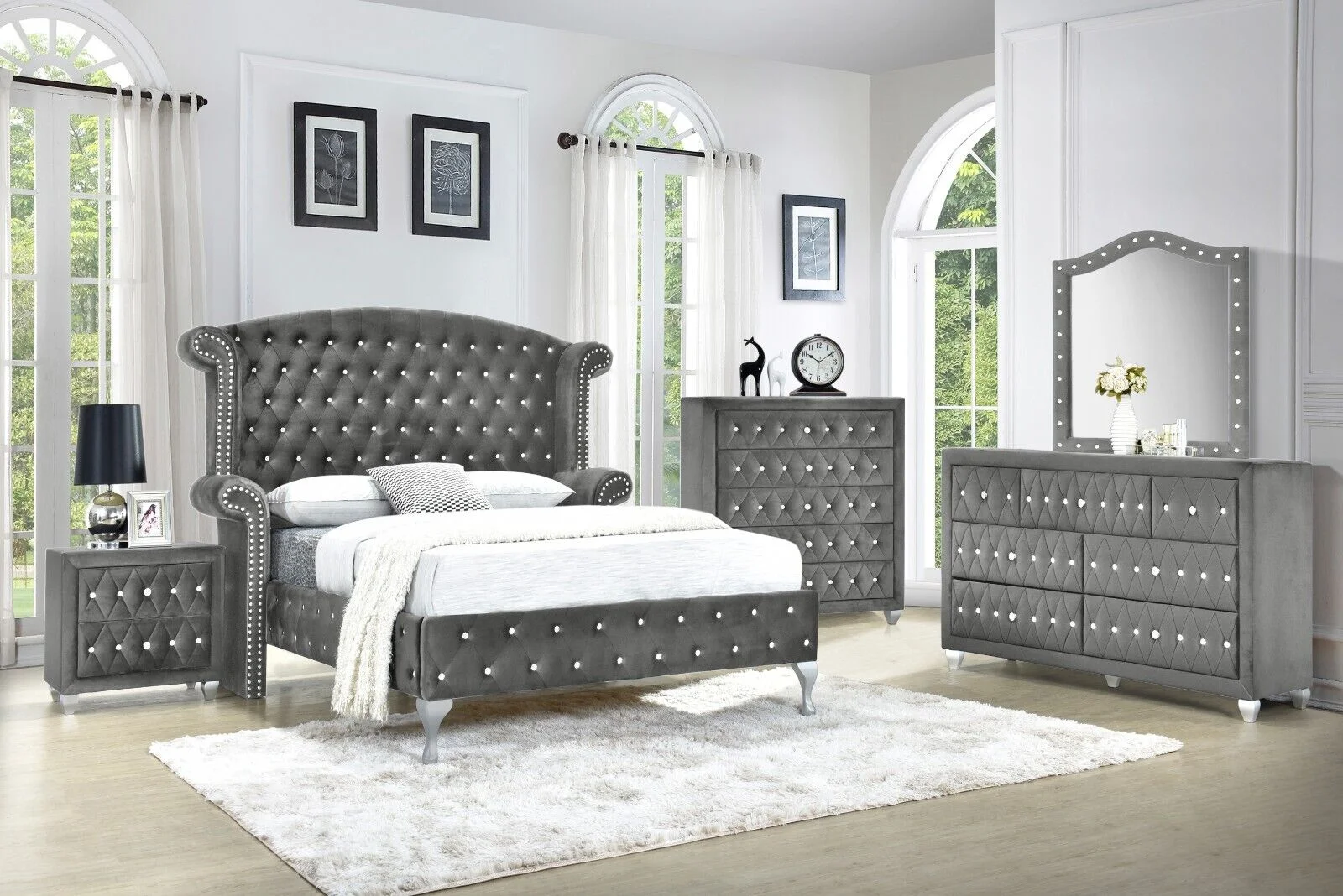 Modern 5Pc King Size Bed Dresser Mirror Nightstand Set Master Bedroom Furniture Gray Velvet