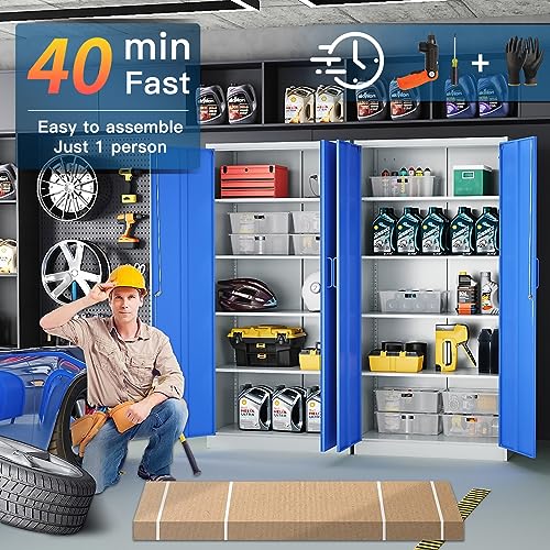 Yizosh Metal Garage Storage Cabinet with 2 Doors and 5 Adjustable Shelves - 71" Steel Lockable File Cabinet,Locking Tool Cabinets for Office,Home,Garage,Gym,School (Gray White)