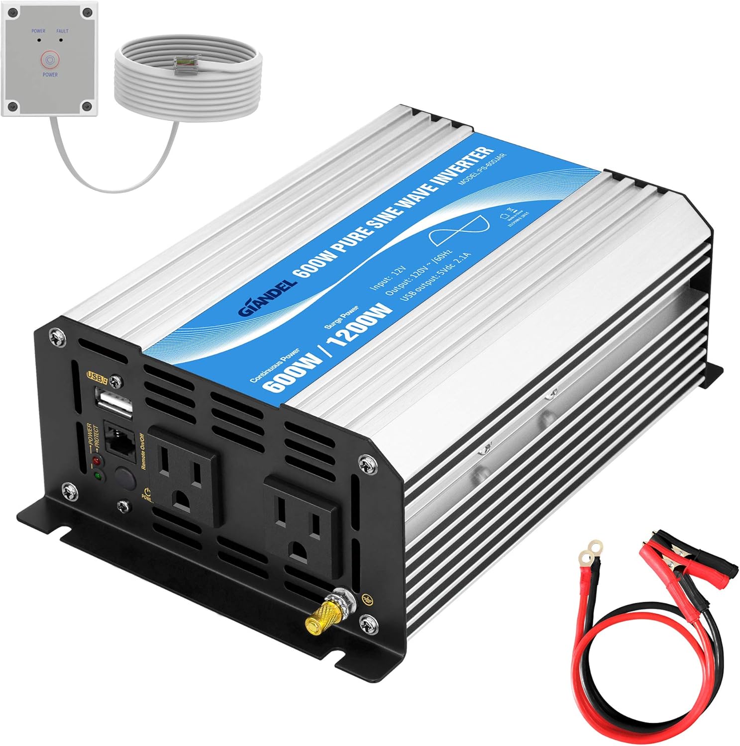GIANDEL Power Inverter Pure Sine Wave 600Watt 12V DC to 110V 120V with Remote Control Dual AC Outlets and USB Port for RV Car Solar System Emergency