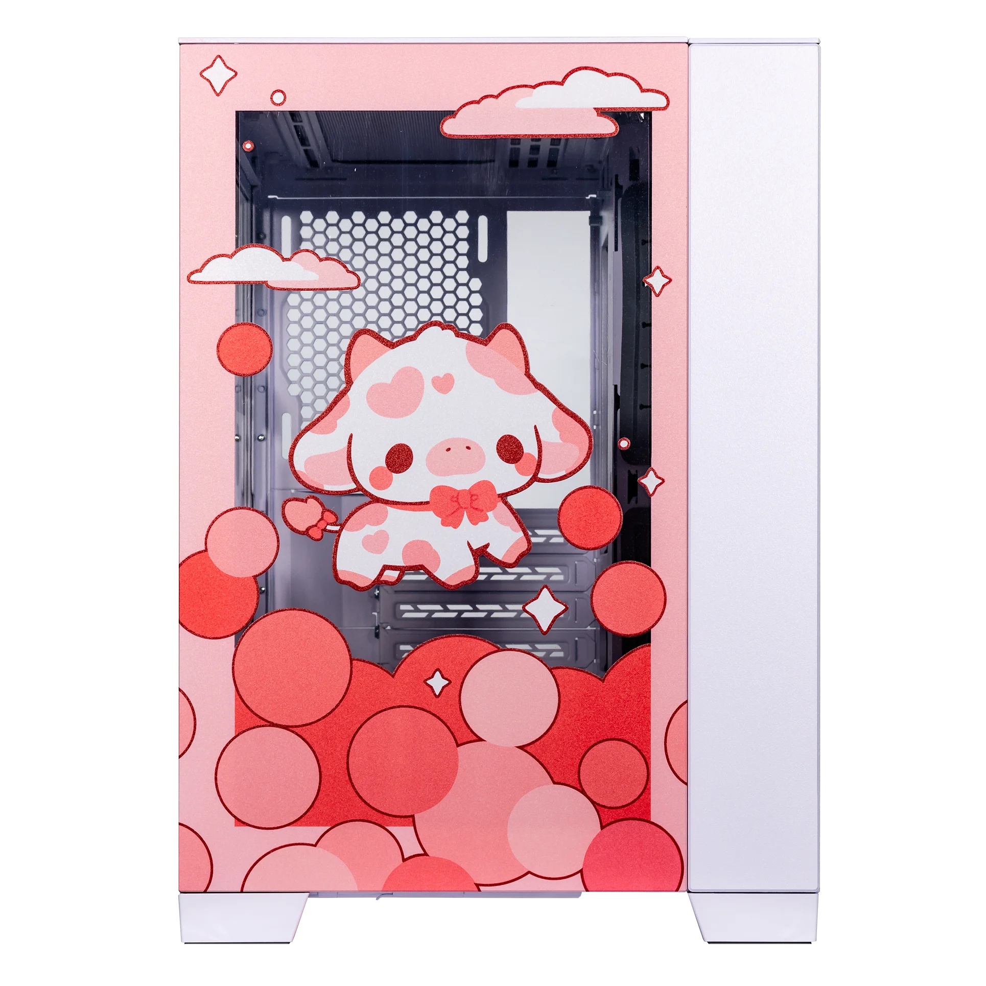 Velztorm Bubble Cow Custom Art Aluminum Tempered Glass O11 Dynamic Mini Rose Pink Gaming Computer Case, Supports Mini-ITX, Micro-ATX, and ATX Motherboard Sizes, O11D Mini-S