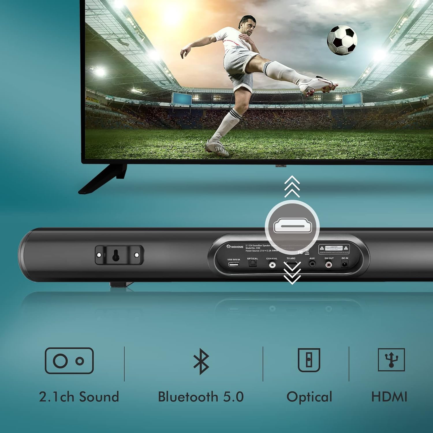 Wohome Sound Bars for TV with Subwoofer, 28-INCH 120W Ultra Slim Surround Soundbar Speakers System with Wireless Bluetooth 5.0 HDMI-ARC Optical RCA USB AUX Input, Works with 4K & HD TVs, Model S99