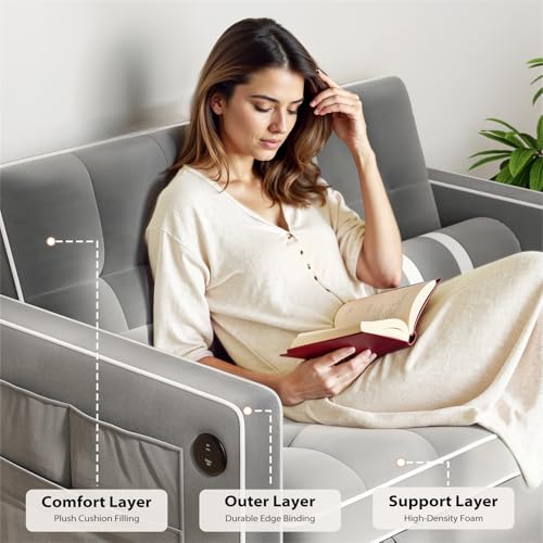 Pipishell 3 in 1 Convertible Sleeper Sofa Bed,Pull Out Couch for Living Room with USB Ports & Side Pockets,Adjustable Backrest,Velvet,Loveseat Sofa Bed,Futon Couches,Black