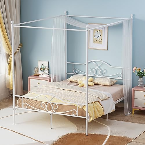 Weehom Full Canopy Bed Frame with Headboard and Footboard, Four-Poster Metal Canopied Platform Bed Mattress Foundation Underbed Storage Space No Box Spring Needed for Girls Adults Pink