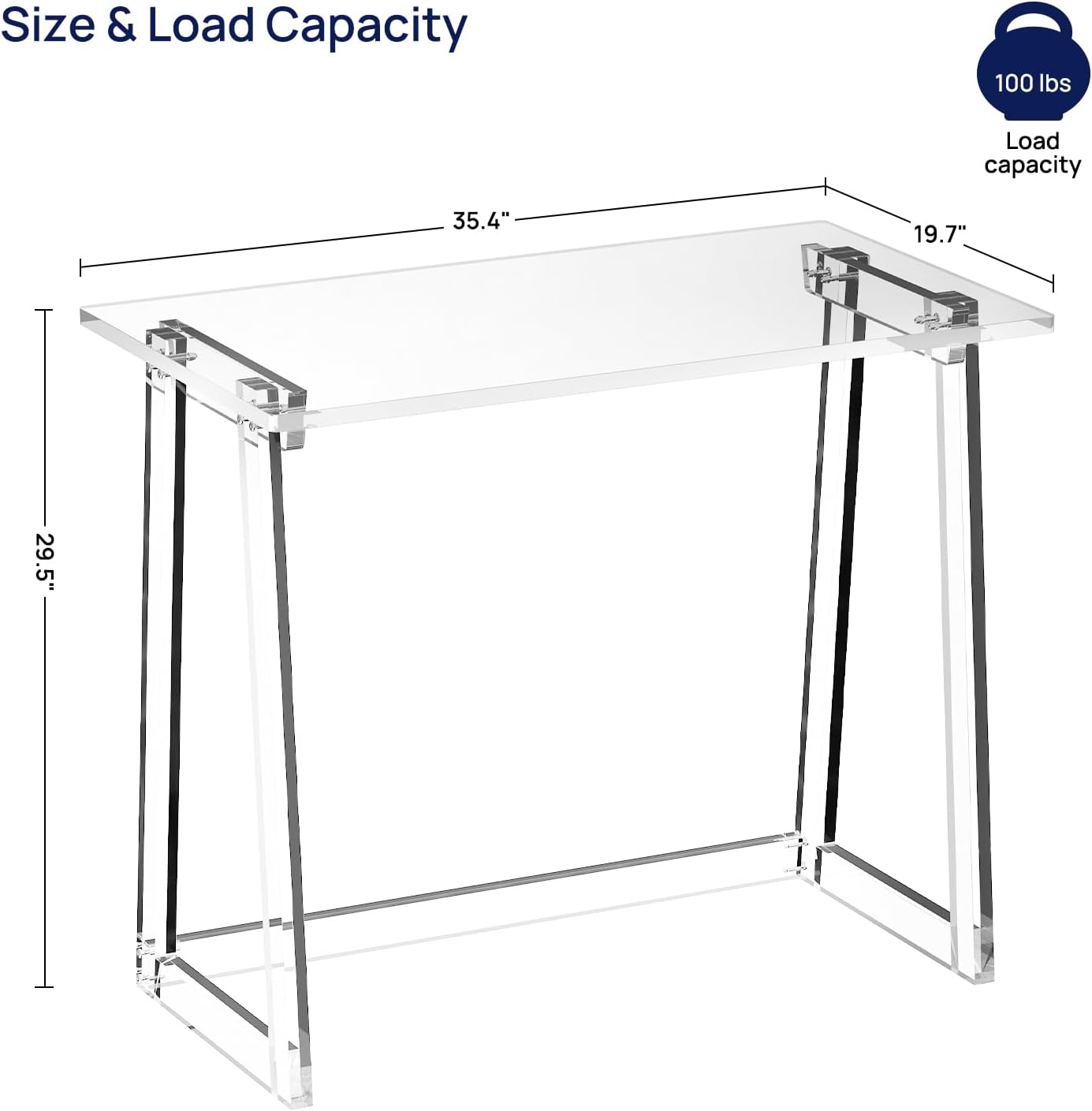 HMYHUM Acrylic Desk, 35.4 Inch, Clear Small Computer Desk with Trapezoid-shaped Legs for Home Office, Study, Writing, Vanity, Modern, Easy Assembly, 19.7" W x 29.5" H