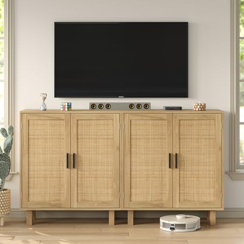 Rattan Buffet Cabinet, Sideboard Buffet with Drawer, Boho Credenzas Farmhouse Console Table for Dining Room, Hallway, Living Room