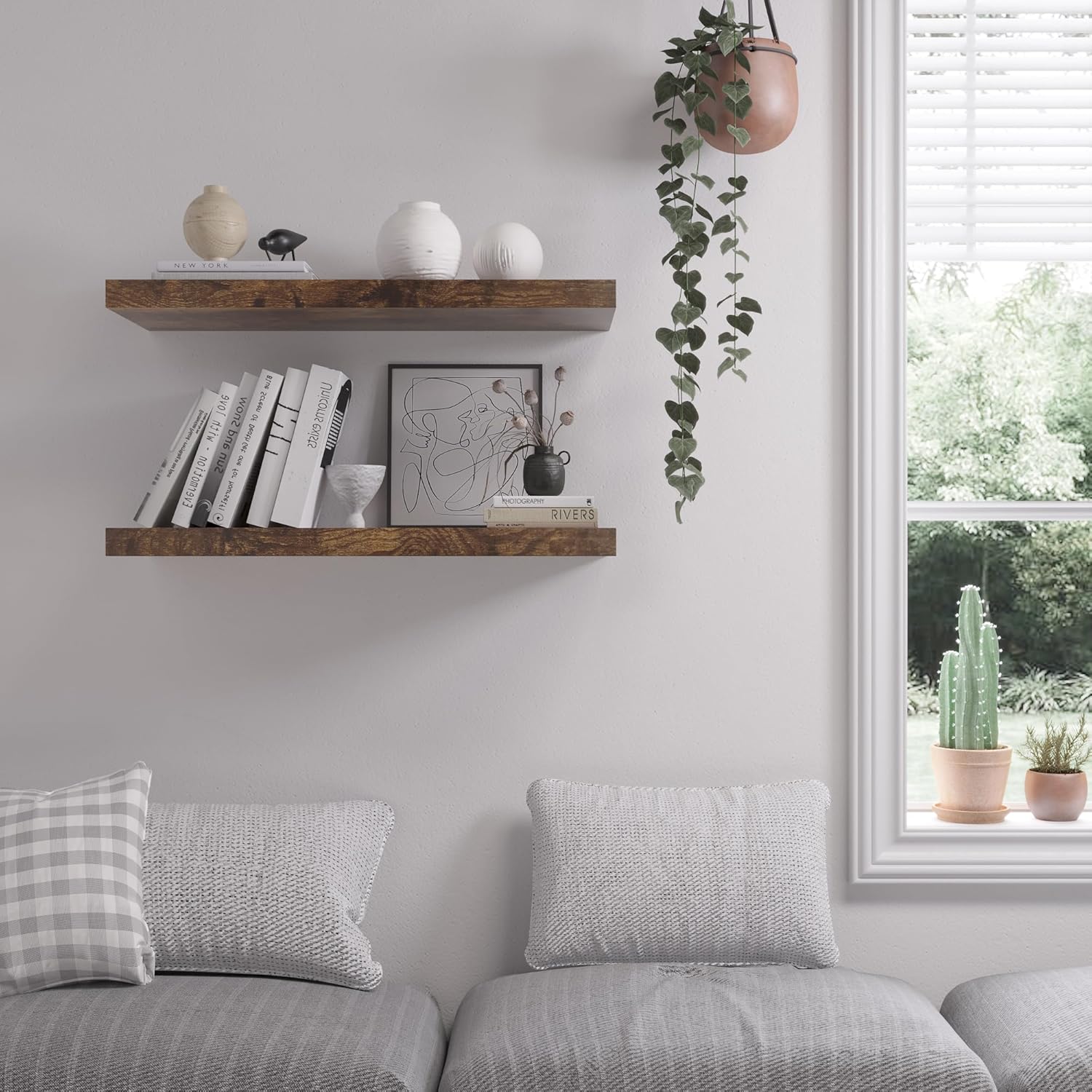 Wall Shelf of Set 3, Floating Shelves 24 in W x 12.75 in D x 2 in H, Wooden Floating Wall Shelf with Invisible Brackets for Living Room/Bedroom/Bathroom/Kitchen Storage and Decor, Rustic Brown