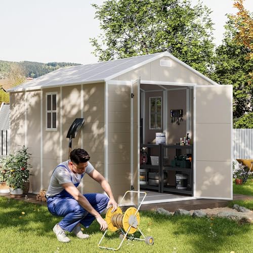 UDPATIO Outdoor Storage Shed 6 x 6 FT, Resin Garden Sheds with Floor Plastic Patio Outdoor Storage Shed with Lockable Door for Tool, Bike, Garbage Gray White
