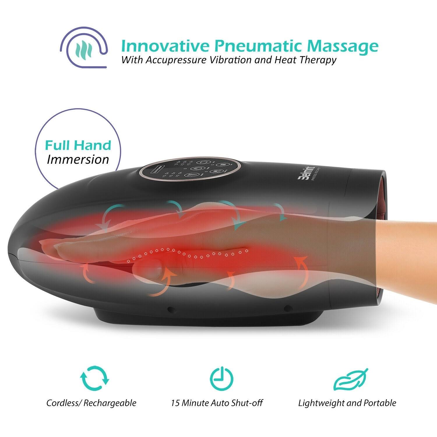 Cordless Air Compression Hand Massager with Heat - Black